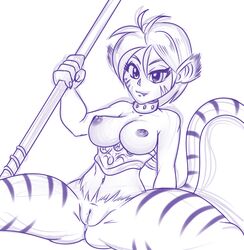 animal_ears anus armor black_and_white breasts breath_of_fire breath_of_fire_ii eyebrows eyelashes feline female fur half-dressed humanoid katt lonbluewolf mammal medium_breasts melee_weapon monochrome necklace nipples polearm presenting pussy sketch solo spear tiger weapon