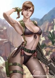 1girls armpits belt bikini black_panties brown_hair cleavage female female_only fishnet fully_clothed knife konami metal_gear metal_gear_solid metal_gear_solid_v mountain navel outdoors pantyhose ponytail pose quiet_(metal_gear) revealing_clothes skimpy_clothes sniper_rifle solo standing stefanie_joosten straps thigh_strap thong tied_hair torn_pantyhose weapon zumi