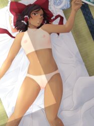 bikini_tan black_hair blush bow cowboy_shot fan female futon hair_tubes hairbow lying navel neko_majin nipples nude on_back pillow pussy reimu_hakurei small_breasts solo sweat tan_lines tatami touhou uncensored