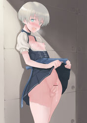 1futa alternate_costume balls ballsack bar_censor blue_eyes censored cum cum_drip dirndl ejaculation foreskin futanari german_clothes hair highres human intact kantai_collection nipples no_panties open_mouth penis rule_63 saikun2013 scrotum shaved_crotch short_hair silver_hair skirt skirt_lift smooth_penis testicles tracht trap uncut unretracted_foreskin z1_leberecht_maass_(kantai_collection)