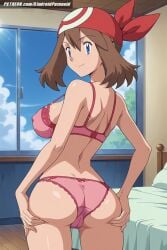 ai_generated aindroidparanoid ass ass_focus bed bedroom big_butt blue_eyes bra breasts brown_hair cameltoe fat_ass from_behind haruka_(pokemon) hips huge_ass huge_breasts huge_butt indoors large_breasts lingerie may_(pokemon) narrow_waist nipples panties pink_lingerie pokemon pokemon_(anime) pokemon_(classic_anime) pokemon_trainer short_hair slim_waist stable_diffusion thick_ass tight_clothing