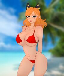 beach big_breasts bikini bikini_bottom bikini_top blonde_hair brawl_stars cat_ears giant_ass huge_ass huge_breasts marfa994 piper_(brawl_stars) red_bikini thick_thighs