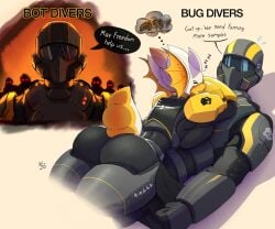 1boy1girl 2020s 2024 2d 2d_(artwork) anthro anthro_female armor armored_female arzyparzy ass big_ass big_breasts breast_squish breasts bug bug_girl cute dat_ass dialogue english english_text fully_clothed helldiver_(helldivers) helldivers_2 hi_res highres hunter_(helldivers) large_ass laying_on_stomach male round_ass sleeping sleeping_together terminid thick_thighs thighs wholesome worried