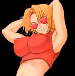 big_breasts big_breasts blonde_hair blue_mary fat_breasts female hands_on_head hands_up heart heart-shaped_pupils huge_breasts king_of_fighters light-skinned_female light_skin looking_at_viewer nipple_bulge nipples nipples_visible_through_clothing no_bra red_tank_top saigado short_hair skinny_waist smile tank_top