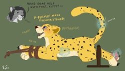 begging bondage bondage bound cheetah dialogue felid feline female feral hi_res laugh mammal paws raised_tail restraints rope rope_bondage ryks spots stocks tail teasing tickling