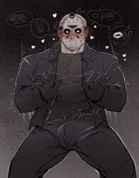 1boy bara big_penis bulge bulge_through_clothing bulge_under_clothes clothed clothing friday_the_13th gay jason_voorhees large_penis majormelon1 male male_yandere penis yandere yaoi