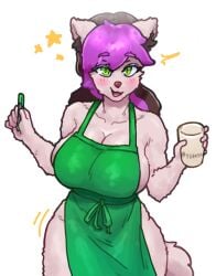 barista big_breasts blush breasts cat_ears cat_tail catgirl employee employee_uniform female female_focus furry furry_only green_eyes happy_female original_character pink_hair starbucks starbucks_barista thick_thighs thighs ysan