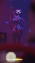 3d anthro avian avian_humanoid beak bird chest_tuft club demon female_focus fishnets furry gloves helluva_boss hi_res hip_grab hips imp large_ass medium_breasts moxxie_(helluva_boss) onlooker owl owl_demon pole red_clothing red_sclera rule_63 sling_bikini solo_focus stolas_(helluva_boss) thick_thighs white_eyes