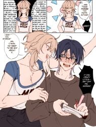 1boy 1girls blush breast_press breasts_pressed_against_partner cleavage dialogue english_text female flustered genshin_impact glasses grabbing_own_breasts lumine_(genshin_impact) majunjuu male male/female pressing_breasts scaramouche_(genshin_impact) speech_bubble straight suggestive tight_clothing