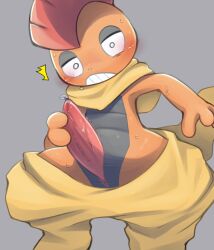 anthro blush bodily_fluids bottomwear bottomwear_down clothed clothing erection generation_5_pokemon genital_fluids genital_slit genitals hi_res male male_only masturbation mohawk nintendo orange_body pants pants_down partially_clothed penis pokemon pokemon_(species) precum scrafty solo tapering_penis what wisdomdanae