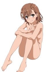 1girls 2020s 2024 ai_generated bare_legs bare_shoulders barefoot brown_eyes brown_hair collarbone completely_nude completely_nude_female female hair_flower hair_ornament knees_on_chest looking_at_viewer matching_hair/eyes misaka_mikoto nude nude_female short_hair sitting smile solo teenage_girl teenager to_aru_kagaku_no_railgun to_aru_majutsu_no_index toes white_background young