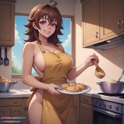 ai_generated apron brown_hair cheating high_school_dxd huge_breasts kitchen large_breasts milf mommy osirix purple_eyes stable_diffusion venelana_gremory