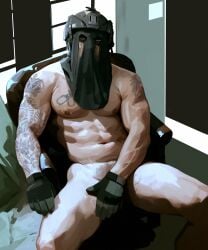 abs absurd_res bara barazoku bite_mark bite_marks buff call_of_duty call_of_duty_modern_warfare_2_(2022) covering_crotch covering_genitals covering_self dad_bod digital_painting_(artwork) himbo könig konig male male_focus male_only manspreading mask mask_only masked muscular muscular_male opoccult pinup scarred scars_all_over sitting_on_chair six_pack sniper_veil solo solo_focus solo_male spread_legs tactical_gear tactical_gloves tattoo tattoo_on_arm tattooed_arm toned veiny_muscles