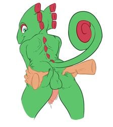 anthro ass ass_grab balls blue_eyes chameleon color disembodied_hand erection green_skin hand_on_ass human human_on_anthro humanoid_penis interspecies lizard male male_only mammal narija penis precum presenting presenting_hindquarters reptile scalie video_games yooka yooka-laylee