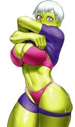 1girls big_breasts blush bra breasts busty caught cheelai child_bearing_hips cleavage clothes_lift clothes_pull colored_skin commentary constricted_pupils covered_mouth dragon_ball dragon_ball_super dragon_ball_super_broly female female_only green_skin highres large_breasts lifting_own_clothes looking_at_viewer navel open_mouth panties pink_bra pink_eyes pink_panties purple_shirt purple_shorts sensual shirt shirt_lift short_hair short_sleeves shorts shorts_pull solo sotcho standing surprised sweat thick_thighs thighs thong toned underwear undressing voluptuous white_background white_hair wide-eyed wide_hips