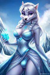 ai_generated anthro blue_eyes elsa_(cosplay) futanari panty_bulge sarah_snowpaw white_hair wolf