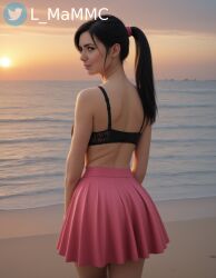 actress ai_generated ariadne_díaz beach black_bra black_hair cartoony celebrity from_behind l_mammc pale_skin pink_skirt pony_diffusion_xl ponytail straight_hair sunset watermark