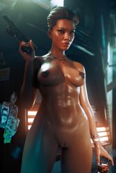 1girls 3d abs alena_xenakis areolae breasts casual cd_projekt_red cyberpunk_(series) cyberpunk_2077 cyberpunk_2077:_phantom_liberty dark_skin detailed_background drink female female_focus female_only firearm first_porn_of_character gun handgun hi_res high_resolution highres human large_breasts looking_at_viewer necklace nipples nv3d pussy septum_piercing shaved_crotch shaved_pussy short_hair solo solo_female solo_focus suppressor weapon