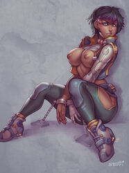 black_hair blue_eyes breasts chained female large_breasts nipples short_hair sitting solo starri