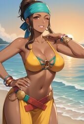 ai_generated beach bikini breasts brown_eyes colombian colombian_female dark-skinned_female female hairband king_of_fighters latina one_eye_closed smile snk yellow_bikini zarina_(kof)