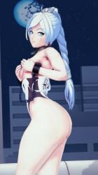 1girls blue_eyes chained covering_breasts grimmed hand_cuffs hands_covering_breasts indrick_[artist] pose posing rwby scar_across_eye solo_female weiss_schnee white_hair white_hair_female