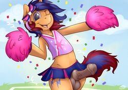 1boy animal_genitalia anthro anthrofied balls big_eyes blue_hair brown_fur brown_penis cheerleader_uniform chest_tuft clothed clothing cloud confetti crossdressing cutie_mark equine erection fan_character fur hair horse horsecock male male_only mammal meggchan multicolored_hair my_little_pony one_eye_closed open_mouth outside penis pom_poms pony skimpy skirt smile solo teeth three-quarter_portrait tongue tuft two_tone_hair vein