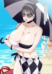 beach big_boobs big_breast big_breasts bikini black_eyes black_hair black_hair_female blush blushing embarrassed kamen_rider kamen_rider_geats_(series) large_breast large_breasts otokam1117 pointy_chin sunglasses sunglasses_on_head swimsuit swimwear tsumuri_(kamen_rider_geats) umbrella