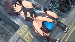 black_hair boots cameltoe cleavage cleavage_cutout collar female gloves highlights kopianget original red_eyes short_hair shorts sitting solo