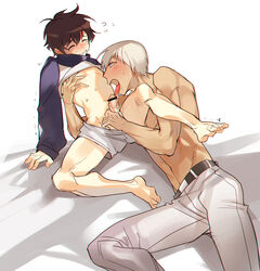 2boys age_difference aqua_eyes barefoot black_hair boxers brown_hair censor_bar censored circumcised closed_eyes dark_skin erection fellatio flying_sweatdrops gay hair holding_penis jeans kekkai_sensen leg_lift legs_held_open leonardo_watch licking_penis loose_clothes male_only multiple_boys multiple_males older_dom_younger_sub older_man_and_younger_boy on_bed oral oral_sex pec_grab pointless_censoring shirt_lift shirt_up shirtless shorts_pull silver_hair size_difference spread_legs topless trembling underwear undressing veiny_penis white_hair white_underwear yaoi younger_penetrating_older zap_renfro