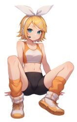 ai_generated bare_shoulders bare_thighs bike_shorts black_shorts blonde_hair blue_eyes full_body fully_clothed hair_ornament hairbow headphones headset kagamine_rin leaning_back leg_warmers lewdnessgod midriff orange_legwear orange_socks self_upload short_hair short_shorts shorts socks sports_bra sports_shorts sports_uniform sportswear spread_legs tight_clothing transparent_background vocaloid