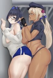 2girls abs against_wall bangs big_breasts blonde_hair blue_hair blush bottomless breasts clothed clothing crying_with_eyes_open dark-skinned_female dark_skin duo female from_behind g-string graduated_vtuber handcuffs hololive hololive_english hololive_english_-council- hololive_english_-promise- human large_breasts light-skinned_female light_skin long_hair muscleboii ouro_kronii partially_clothed police_uniform revealing_clothes standing thick_thighs thighs tsukumo_sana virtual_youtuber