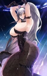 2024 alternate_costume animal_ears arknights arm_belt armpits arms_up belt black_leotard black_pantyhose breasts cat_ears cat_girl cleavage fake_animal_ears fake_tail female fishnet_pantyhose fishnets grey_hair hi_res high_ponytail highleg highleg_leotard indoors large_breasts leotard long_hair pantyhose playboy_bunny rabbit_ears rabbit_tail schwarz_(arknights) solo tail thigh_belt thigh_strap very_long_hair wrist_cuffs yellow_eyes yuki_flourish