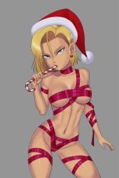 1girls absurd_res absurdres android_18 blonde_female blonde_hair blonde_hair blonde_hair_female blue_eyes bob_cut breasts candy candy_cane christmas covering_crotch covering_nipples covering_privates dragon_ball dragon_ball_z earrings female food functionally_naked functionally_naked_female functionally_nude functionally_nude_female fur_trim grey_background groin hat highres jewelry legs legs_apart looking_at_viewer medium_breasts naval nude nude_female ribbon ribbons santa_hat sexually_suggestive shonen_jump short_hair simple_background solo standing sunsetriders7 thighs