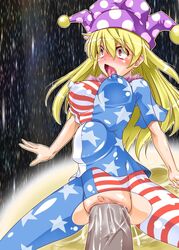 ahegao american_flag american_flag_legwear american_flag_shirt blonde_hair censored clownpiece deep_penetration female gigantic_penis hair huge_cock large_insertion moon penis stomach_bulge touhou