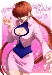 1girls big_breasts big_breasts buttons cleavage cleavage_cutout earring female king_of_fighters light-skinned_female light_skin long_hair pink_skirt ponytails red_hair shermie_(kof) skirt text tied_hair