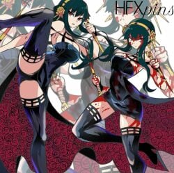 1girls black_dress black_hair blood blood_stain female female_only hfxpins human pantyshot solo spy_x_family thorn_princess yor_briar yor_forger