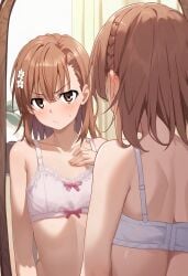 1girls 2020s 2024 ai_generated bare_back bare_shoulders blush bra breast_conscious breasts brown_eyes brown_hair collarbone female hair_flower hair_ornament indoors looking_at_viewer matching_hair/eyes mirror misaka_mikoto reflection short_hair shoulder_blades small_breasts solo stomach teenage_girl teenager to_aru_kagaku_no_railgun to_aru_majutsu_no_index underwear underwear_only upper_body young