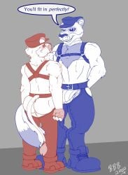 2022 2boys anthro artist_initials ass bigbearbruno biker_cap body_fur boots brainwashing chaps clothed feline gay harness hi_res hypnosis jockstrap leather leather_clothing leather_harness leonine leonine_tail lion male male_only mammal masculine mature_male mind_control muscles muscular_male no_visible_genitalia pantherine penis_bulge romantic romantic_couple snow_leopard tail tail_tuft