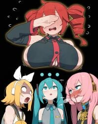 ... 4girls ai_generated areola areola_slip bare_shoulders blonde_hair blue_eyes blue_hair blush breasts_bigger_than_head brittle cleavage covering_face detached_sleeves drill_hair embarrassed flying_sweatdrops hatsune_miku huge_breasts kagamine_rin kasane_teto megurine_luka nipple_slip nipples_visible_through_clothing nosebleed open_mouth pink_hair red_hair shocked sleeveless_shirt stable_diffusion sweat twin_drills upper_body utau vocaloid