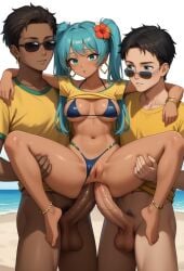 1girls 2boys 2boys1girl ai_generated anal anal_sex aqua_eyes aqua_hair bikini bikini_aside bikini_bottom_aside blush bracelets brazil brazilian brazilian_female brazilian_miku breasts chocolate_and_vanilla_double_penetration cyan_eyes cyan_hair dark-skinned_female dark-skinned_male dark_skin double_anal double_penetration earrings feet female flower_in_hair full_body hatsune_miku hibiscus interracial large_penis latin_american_hatsune_miku_(meme) lifting_person light-skinned_male light_skin lube lubed_penis male_pubic_hair mmf_threesome penis pubic_hair reverse_suspended_congress self_upload sex shirt_up spread_legs stable_diffusion standing standing_double_penetration standing_sex sunglasses tan-skinned_female tan_skin twintails underboob vocaloid