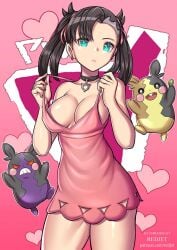 1girls black_hair breasts choker dress earrings green_eyes hair_ribbon large_breasts looking_at_viewer marnie_(pokemon) morpeko morpeko_(full_belly_mode) morpeko_(hangry_mode) nintendo painted_fingernails pink_dress pokemon pokemon_ss redjet twintails