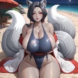 absurd_res absurdres ai_generated beach black_hair character_name:iori_oc curvilinear curvy curvy_figure fat_breasts gigantic_breasts grey_skin highres huge_breasts kitsune large_breasts long_hair massive_breasts mature_female milf night nine_tailed_fox original original_art original_artwork original_character pov red_eyes smokeye soft_breasts starry_background starry_sky swimsuit thick_thighs venus_body very_high_resolution wide_hips