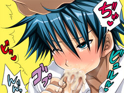 2boys blue_eyes blue_hair censored cum fellatio gay hair male_only multiple_boys oral sakuraprin saliva school_uniform shindou_kazuma simple_background text translation_request upper_body yaoi yellow_background