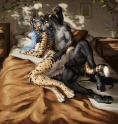 absurd_res anal anal_sex anthro balls bed big_breasts black_balls black_body black_fur black_hair black_penis blue_eyes blue_hair bodily_fluids breasts duo equid equine facial_spots felid female female_anthro female_penetrated fur furniture genital_fluids genitals grey_body grey_fur hair hi_res horse huge_filesize humanoid_genitalia humanoid_vulva long_hair lying male male/female male_anthro male_penetrating male_penetrating_female mammal mouth_closed narrowed_eyes nipples nude on_bed on_side open_mouth penetration penile penile_penetration penis penis_in_ass pink_nipples scarlanya sex signature spotted_arms spotted_face spotted_legs spread_legs spreading striped_arms vaginal_fluids vulva white_body white_fur yellow_body yellow_eyes yellow_fur