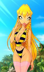 1girls 4kids_entertainment amber_eyes belly bikini blonde_hair braid breasts cameltoe cleavage covered_nipples erect_nipples eyeshadow female_only hand_to_face hourglass_figure human large_breasts lipstick long_hair looking_at_viewer makeup navel nickelodeon nipple_bulge rainbow_(animation_studio) solo stella_(winx_club) stockings striped striped_bikini striped_clothing thighhighs thighs thin_waist twin_braids voluptuous wasp_waist winx_club yellow_eyes zfive