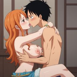 ai_generated big_breasts curvy curvy_female female huge_breasts kissing male misaka monkey_d_luffy nami nami_(one_piece) nipples one_piece orange_hair saliva saliva_on_face shorts