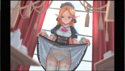 1girls breasts clothing dress elf elf_ears female female_focus female_only game_cg ha-mong isekai_quest lifting_skirt panties solo tagme thighhighs