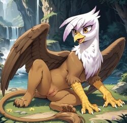 ai_generated avian beak brown_body brown_fur claws female feral feral_only friendship_is_magic fur furry gilda_(mlp) gryphon hasbro my_little_pony mythological_avian mythological_creature mythology pussy smile solo wings yellow_eyes