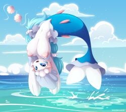 absurd_res anthro big_breasts blue_eyes blue_hair breasts female generation_7_pokemon genitals hair hi_res long_hair marine nintendo nipples nude open_mouth pokemon pokemon_(species) primarina pussy smile solo whitmaverick