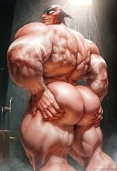 1boy 2024 ai_assisted ai_generated bara big_ass big_butt bodybuilder bubble_ass bubble_butt dat_ass gay grabbing_ass hyper hyper_muscles male male_only mask masked masked_male muscular muscular_arms muscular_ass muscular_legs muscular_male nude rokudenashi_(style) rokuworshiper shiny_skin yaoi zark_the_squeezer